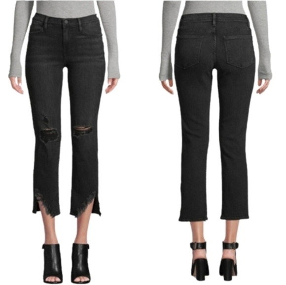 NWOT FRAME 29 Black Denim Le High Straight Side Fray Jeans in Killington Size 29 - Picture 2 of 16